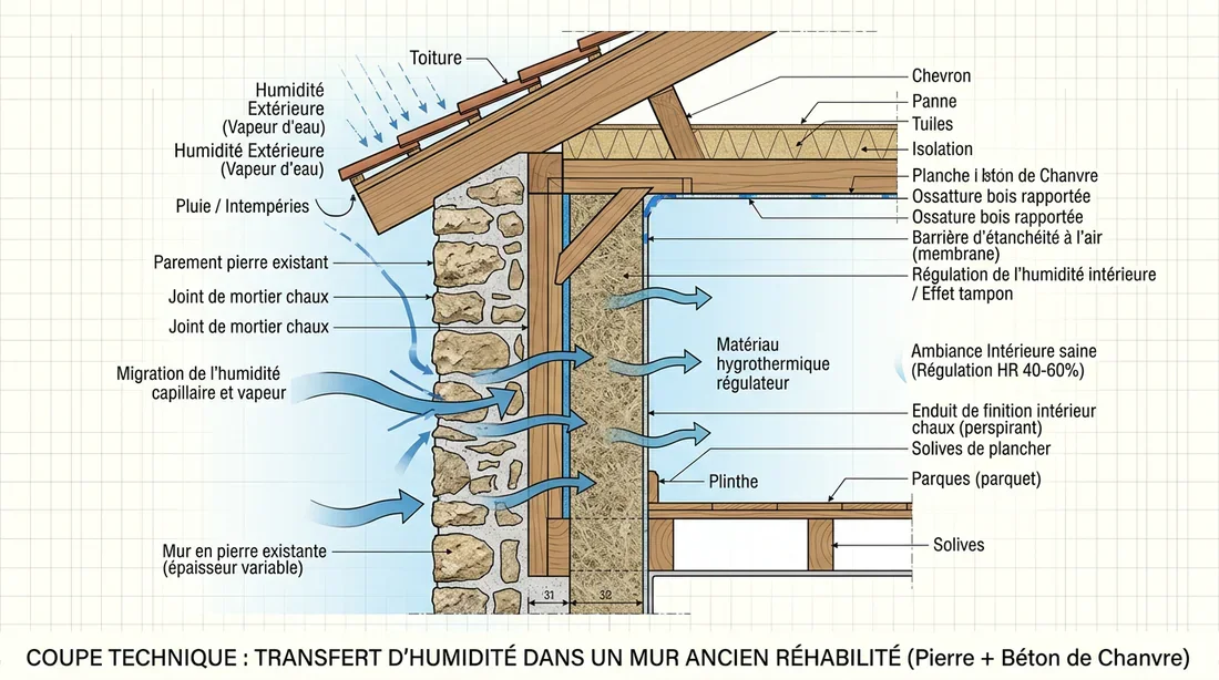 Schéma technique hygrothermique du chaux-chanvre Schéma technique de la régulation de l'humidité à travers le mur en chaux-chanvre
