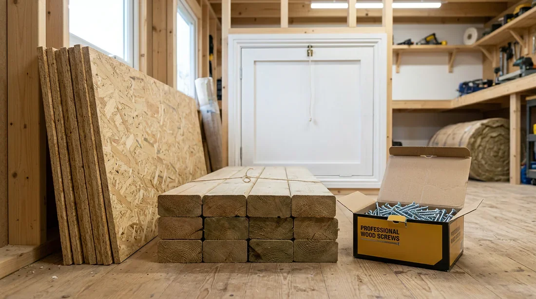 Matériaux nécessaires : plaques d'OSB et lambourdes en bois pour chemin de combles.