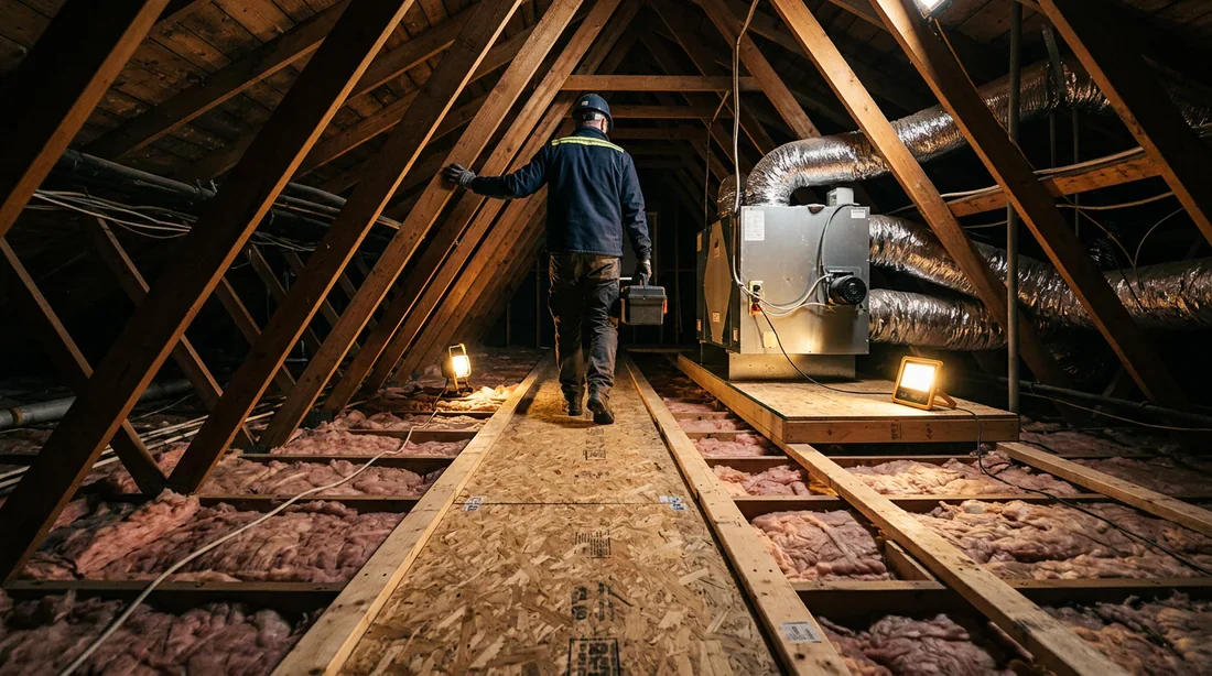 Technicien circulant en sécurité sur un chemin de passage en combles.
