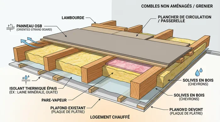 Chemin technique combles perdus : le guide complet 2026 - Chemin technique combles : 5 étapes pour ne pas tomber - Combles : comment créer un passage sûr sans tout casser ? Vignette : Guide pratique pour créer un chemin de passage en combles perdus.