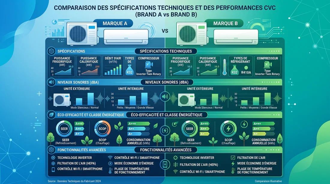 Infographie comparative des performances techniques Daikin et Gree
