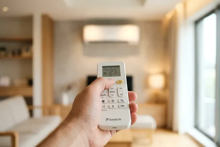 Clim Gree ou Daikin : Le Comparatif Complet (2026) - Clim Gree vs Daikin : Le Vrai Coût sur 10 Ans ! - Clim Gree ou Daikin : Que Choisir pour Votre Budget ? Télécommande de climatisation Daikin tenue en main