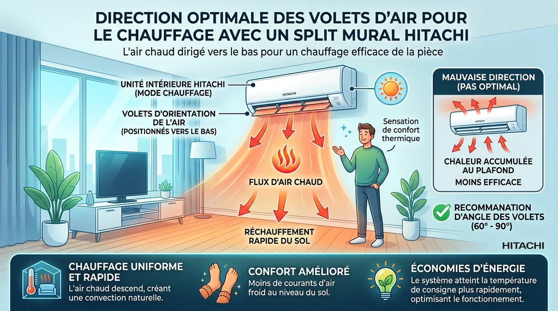 Schéma d'orientation du volet d'air de la climatisation Hitachi pour un chauffage optimal