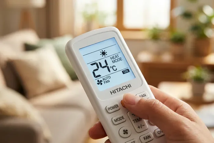 Télécommande de climatisation Hitachi affichant l'icône soleil du mode chauffage