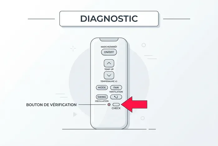 Infographie expliquant comment appuyer sur le bouton CHECK de la télécommande Panasonic