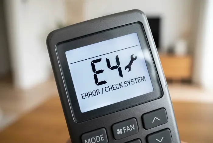 Clim qui se met en sécurité : 5 causes et solutions - Clim Bloquée en Sécurité ? 3 Étapes pour la Réparer ! - Pourquoi votre clim se met en sécurité et que faire ? Télécommande de climatisation affichant un code d'erreur E4
