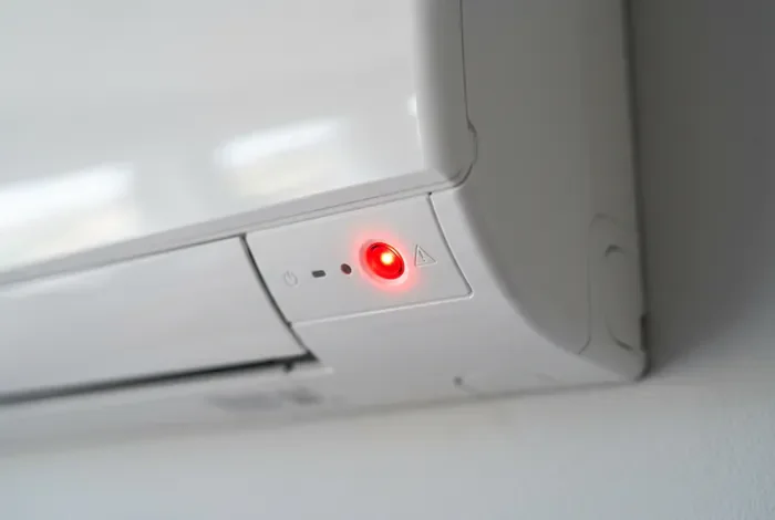 Gros plan d'une climatisation Hitachi en panne avec voyant rouge