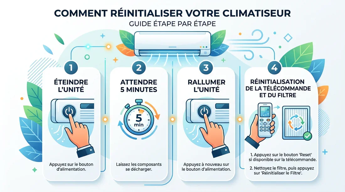 Infographie des étapes de réinitialisation d'une climatisation Hitachi