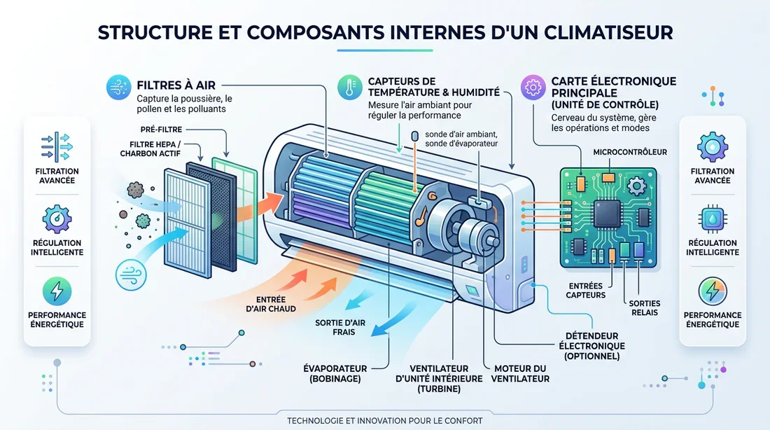 Schéma des composants internes d'un climatiseur Hitachi