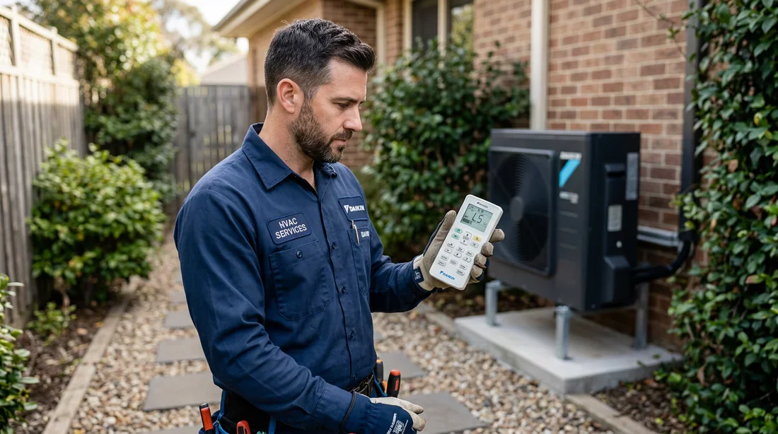 Diagnostic du code erreur L5 Daikin par un technicien Technicien inspectant une télécommande Daikin affichant le code erreur L5