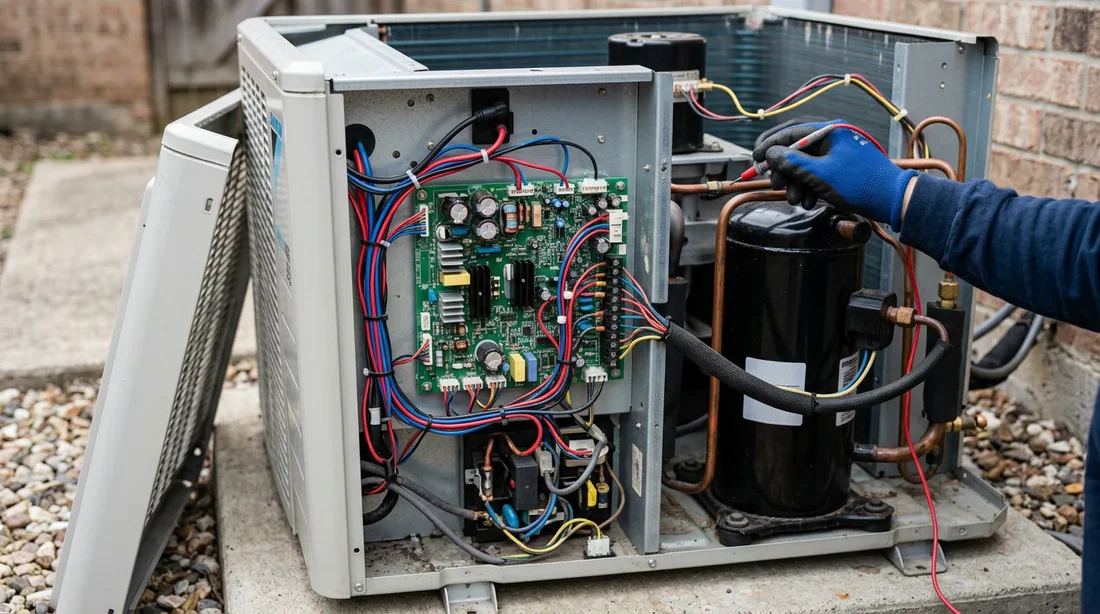 Structure interne de l'unité extérieure Daikin Vue détaillée des composants électroniques de l'unité extérieure Daikin