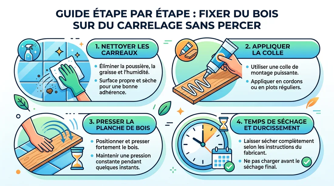 Infographie résumant les étapes pour coller du bois sur du carrelage sans percer