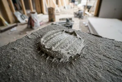 Gros plan sur un plot de colle MAP sur plaque de plâtre