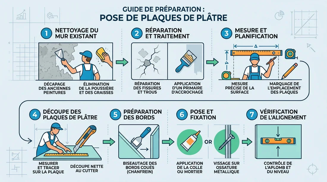 Étapes de préparation du support Infographie des étapes de préparation pour la pose de plaques de plâtre