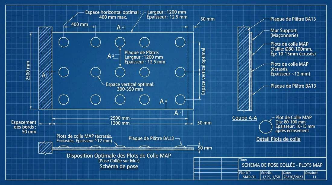 Disposition des plots de colle Schéma technique du calepinage des plots de colle MAP