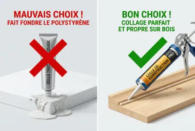 Comparaison entre colle inadaptée et colle adaptée pour polystyrène