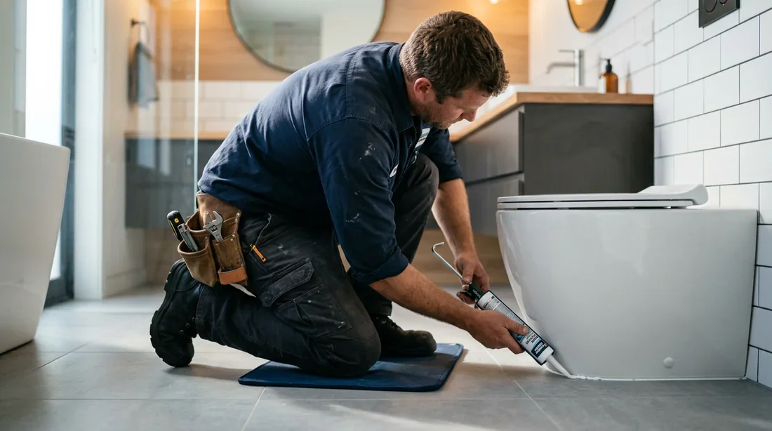 Plombier professionnel réparant une fuite à la base d'un WC moderne