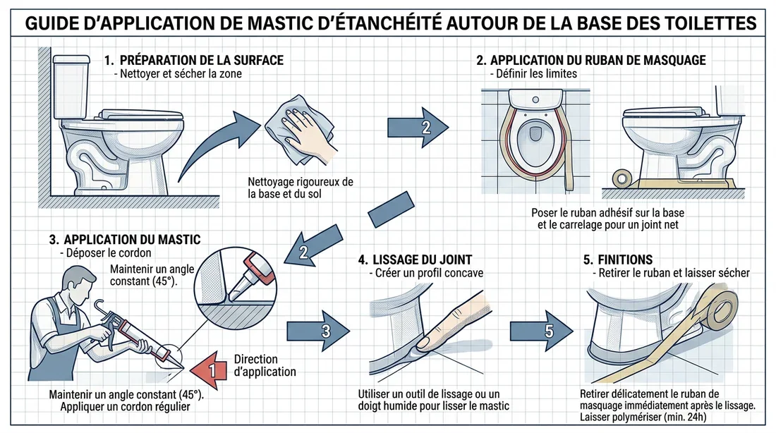 Schéma technique d'application de mastic sur un WC