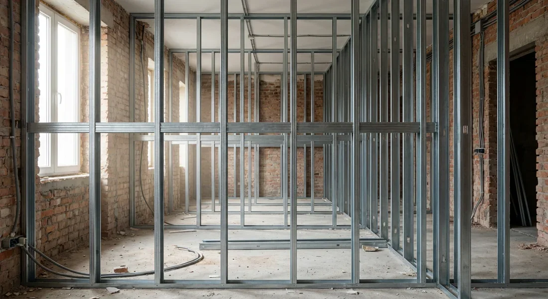 Ossature métallique avec rails et montants installée dans une pièce en rénovation