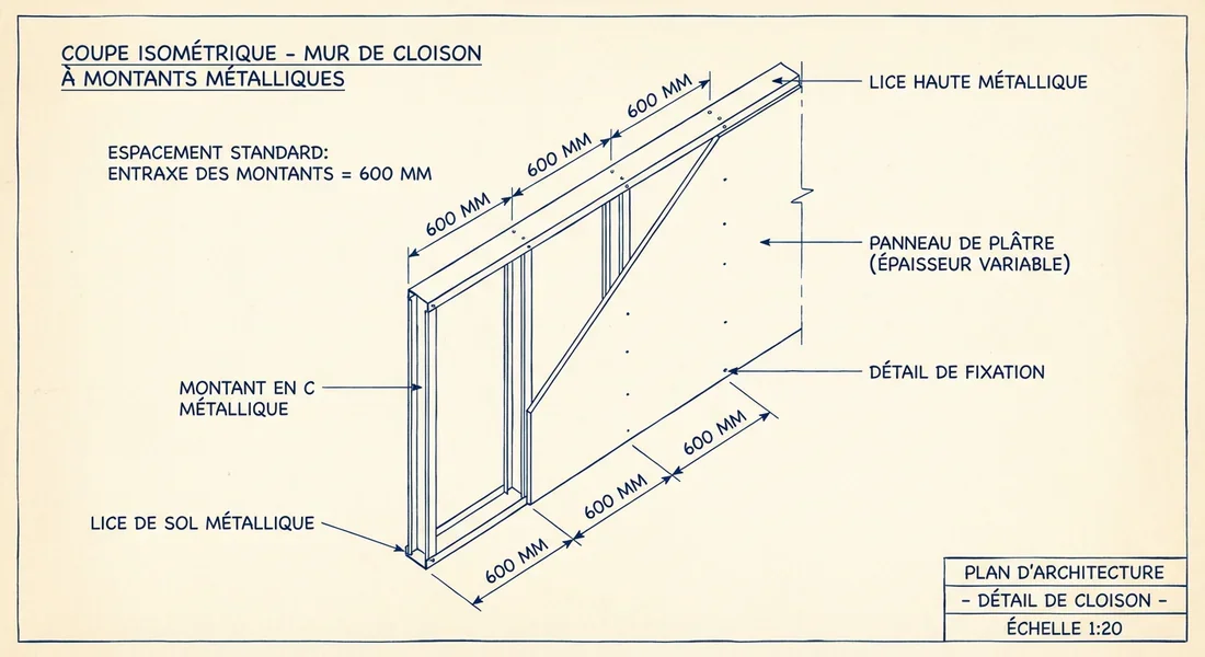 Schéma des entraxes et de l'espacement d'une ossature métallique