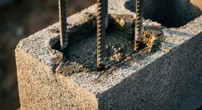 Gros plan sur un bloc d'angle de parpaing avec armature en acier.