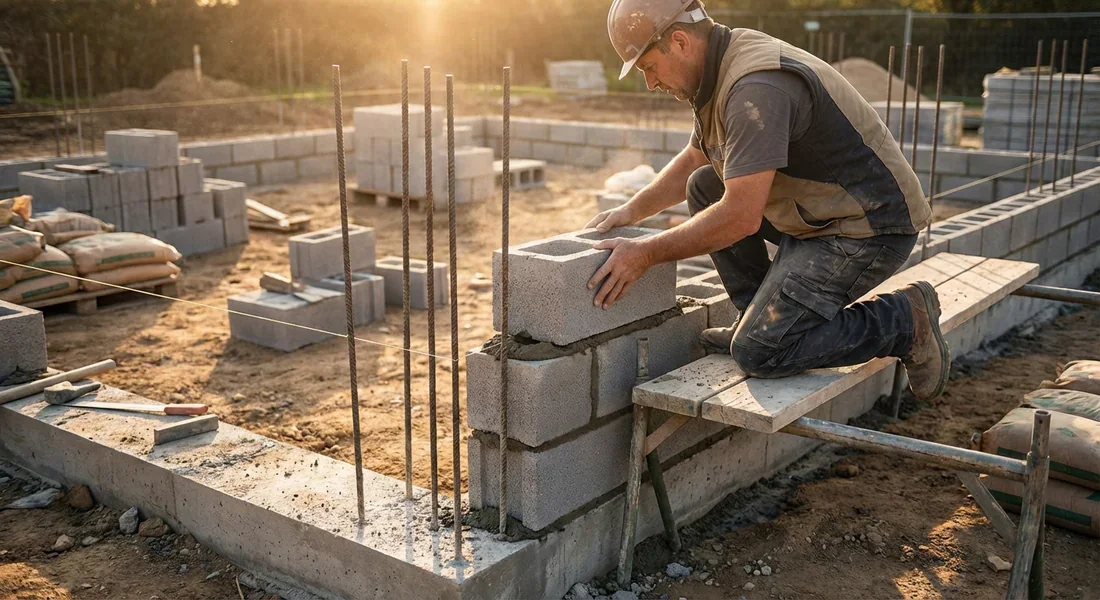 Pose d'un bloc d'angle en parpaing et fers à béton Maçon professionnel posant un bloc d'angle en parpaing sur un chantier propre avec ferraillage vertical.
