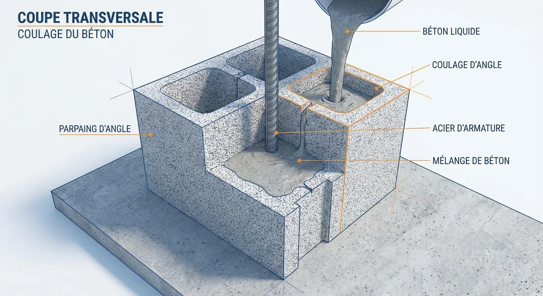 Coupe technique d'un bloc d'angle ferraillé Schéma technique du remplissage en béton d'un bloc d'angle.