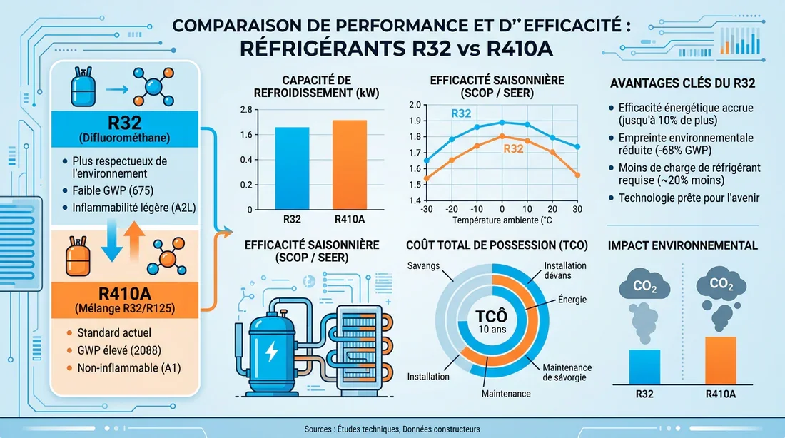 Infographie comparative des performances et propriétés des fluides R32 et R410A.