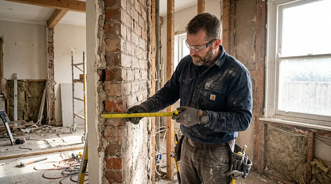 Artisan mesurant l'épaisseur d'un mur pour vérifier s'il est porteur