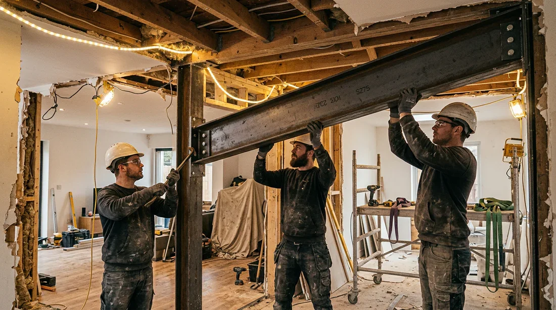Pose d'une poutre métallique IPN de soutènement lors de l'ouverture d'un mur porteur