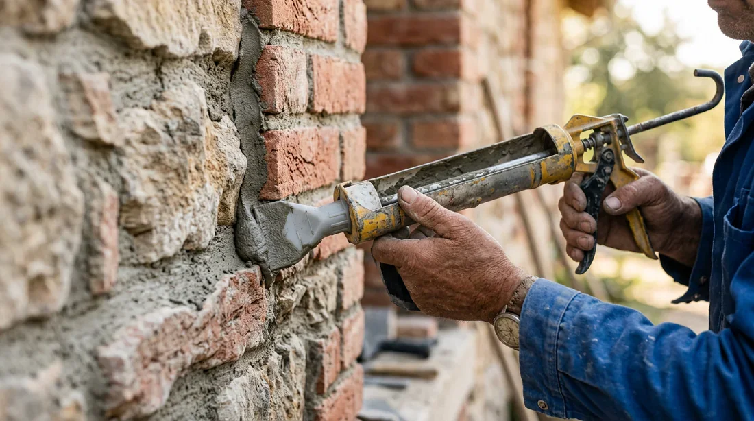 Jointoiement de mur en pierre avec un pistolet extrudeur et bec J-Net Artisan maçon réalisant le jointoiement d'un mur en pierres naturelles à l'aide d'un pistolet extrudeur et un bec J-Net large.