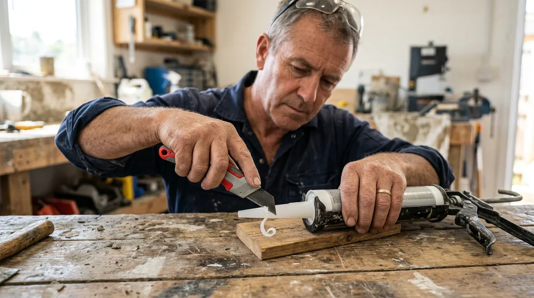 Préparation et découpe sur mesure du bec J-Net Découpe nette de l'embout en plastique d'un bec J-Net au cutter sur un établi de chantier.