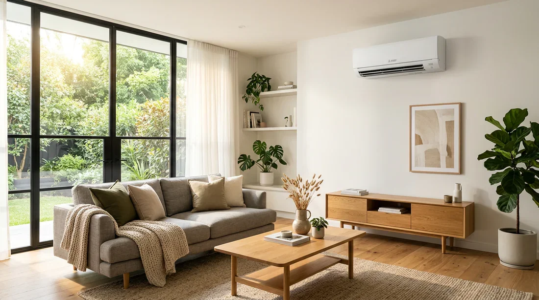 Intérieur moderne équipé d'une unité murale de climatisation Mitsubishi Electric.