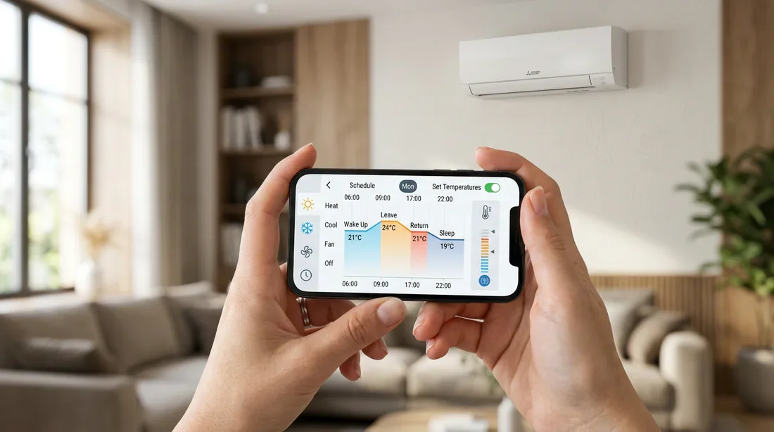 Programmation de la climatisation à distance sur l'interface de l'application smartphone.