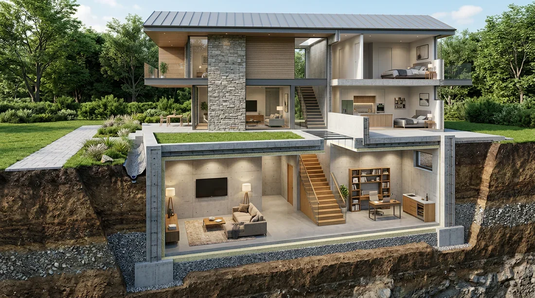 Vue en coupe d'une cave enterrée sous une maison moderne Coupe transversale 3D d'une maison moderne montrant une cave enterrée bien aménagée et ses fondations