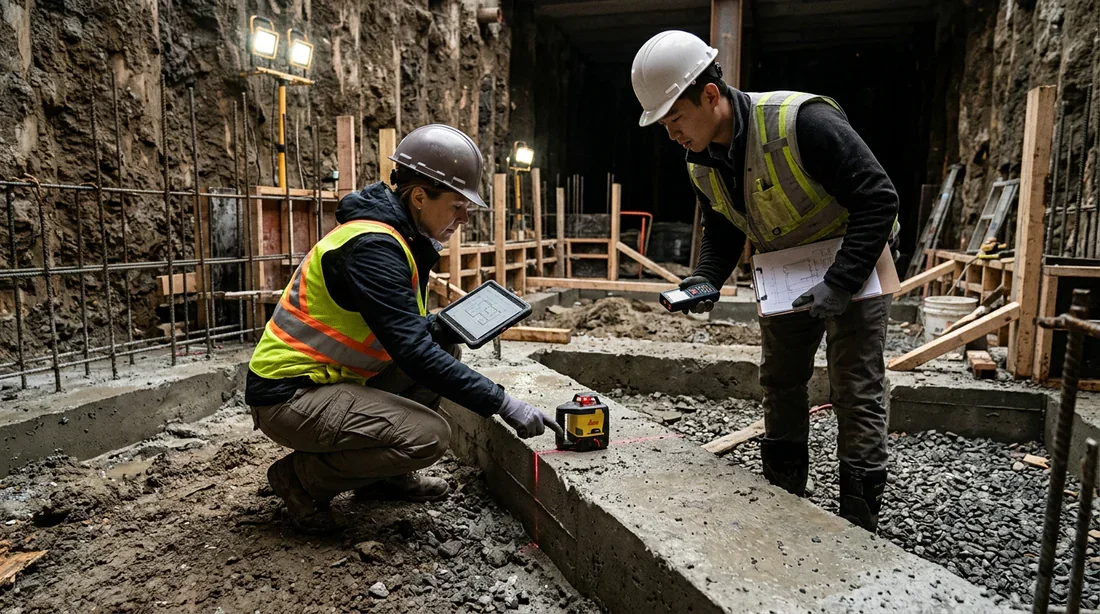 Étude de faisabilité et contrôle des fondations Expert effectuant le diagnostic des fondations d'une maison avant excavation