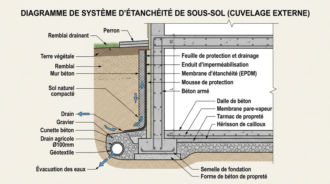 Schéma technique d'étanchéité de cave Schéma explicatif du système d'étanchéité et de drainage d'une cave enterrée