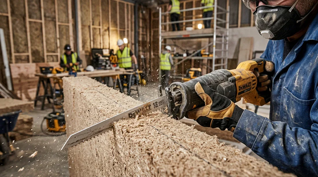 Découpe de fibre de bois sur chantier Artisan utilisant une scie sabre pour la découpe de panneaux en fibre de bois