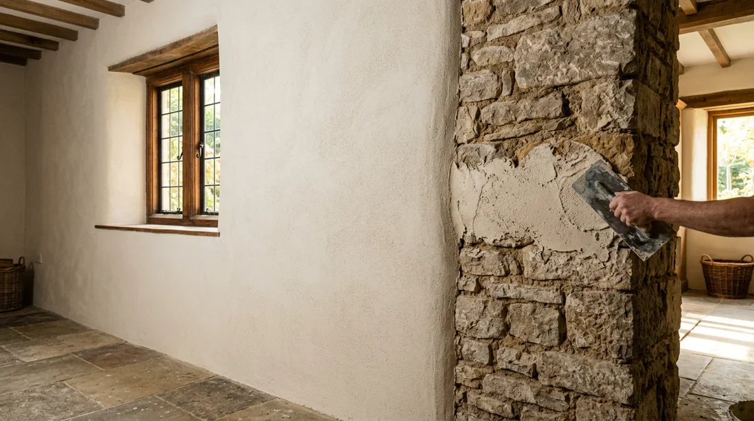 Application de l'enduit isolant chaux-liège sur mur intérieur en pierre