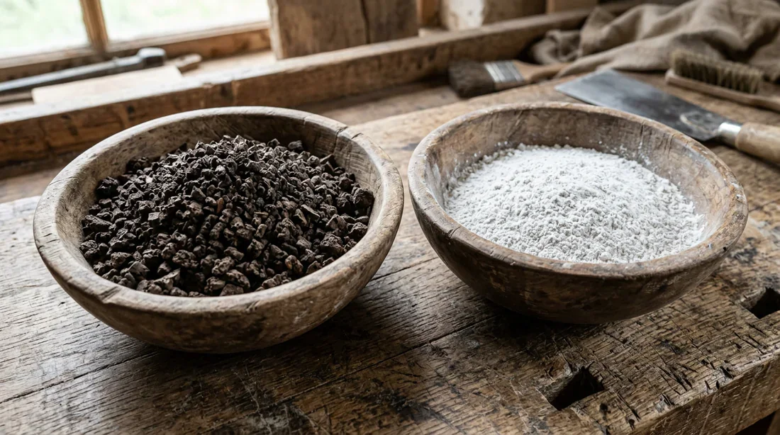 Ingrédients naturels pour enduit isolant : liège expansé en granulés et chaux naturelle
