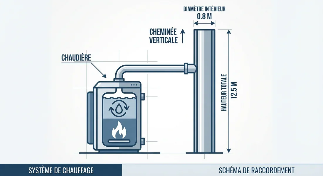 Infographie technique montrant les cotes de dimensionnement d'un conduit de fumée.