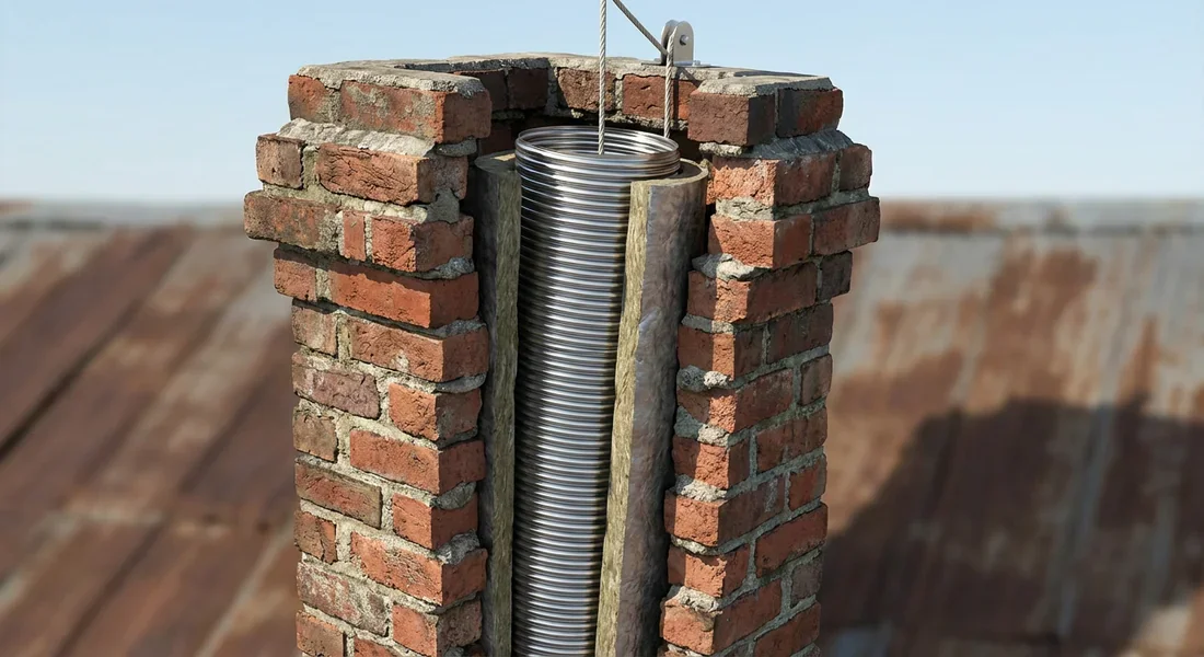 Schéma d'insertion d'un tubage flexible en inox dans un conduit de cheminée ancien.