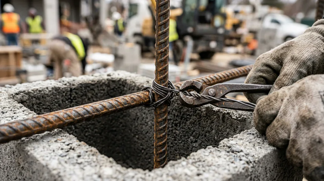 Assemblage des armatures métalliques pour chaînage Détail du ferraillage des angles de murs en parpaings.