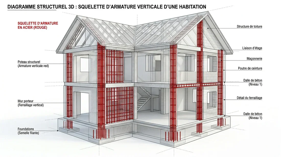 Chantier de maçonnerie avec mise en place du chaînage vertical Mur en parpaings en cours de construction avec fers à béton verticaux dépassant des blocs.