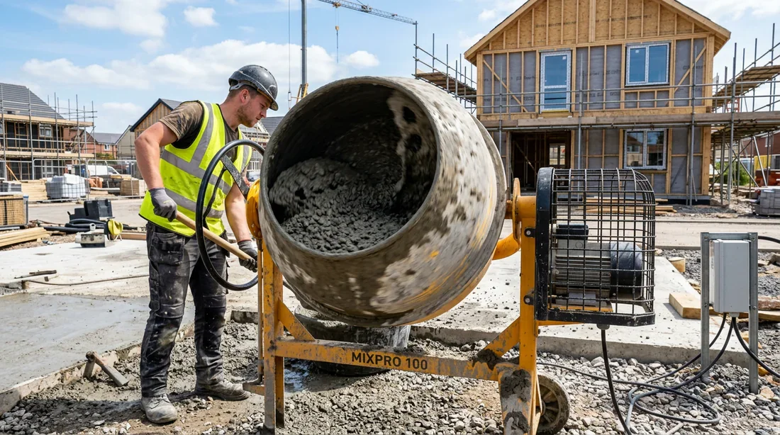 Mélange des matériaux dans la bétonnière Bétonnière électrique en fonctionnement mélangeant du béton