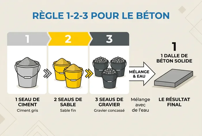 Infographie explicative du dosage du béton selon la règle des 1-2-3