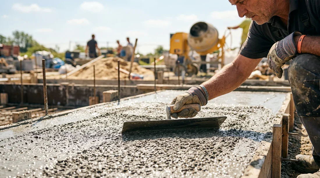 Lissage d'une dalle en béton par un maçon qualifié Maçon professionnel en train de lisser une dalle en béton fraîchement coulée avec une taloche sur un chantier