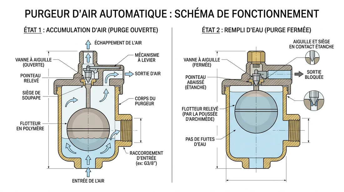 Comparaison entre un purgeur entartré défectueux et un purgeur automatique neuf.
