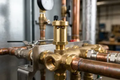 Gros plan d'un purgeur automatique en laiton sur son collecteur.