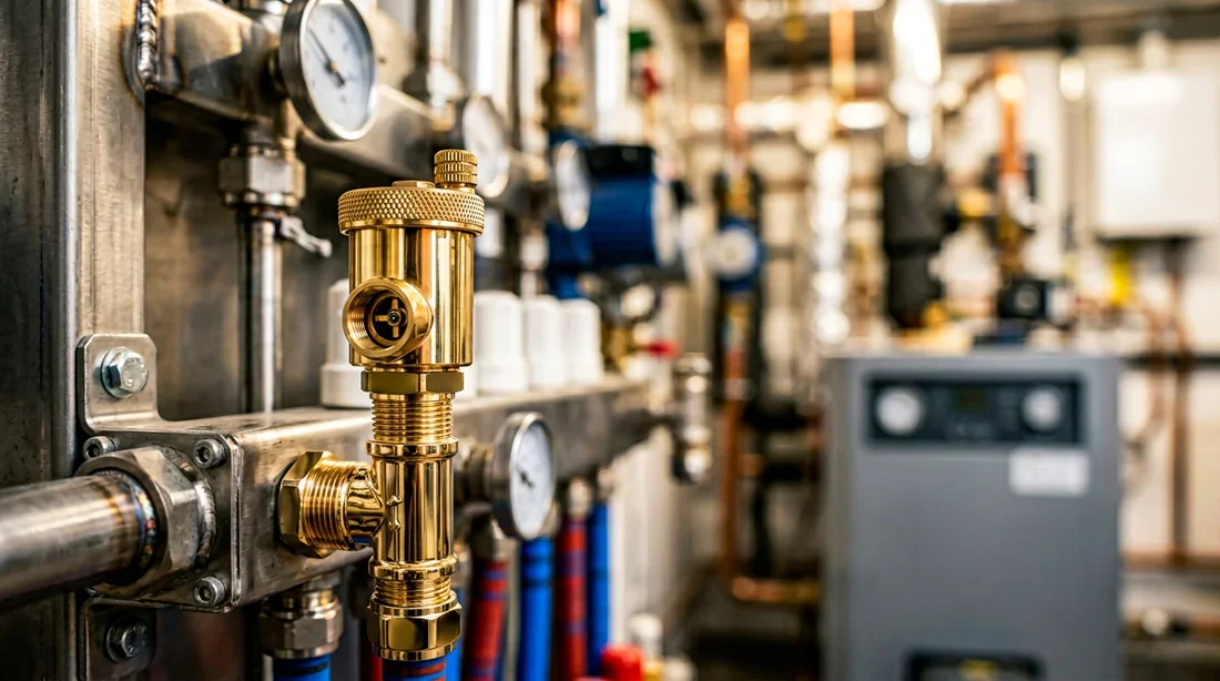 Plombier installant un purgeur automatique sur une nourrice de chauffage.